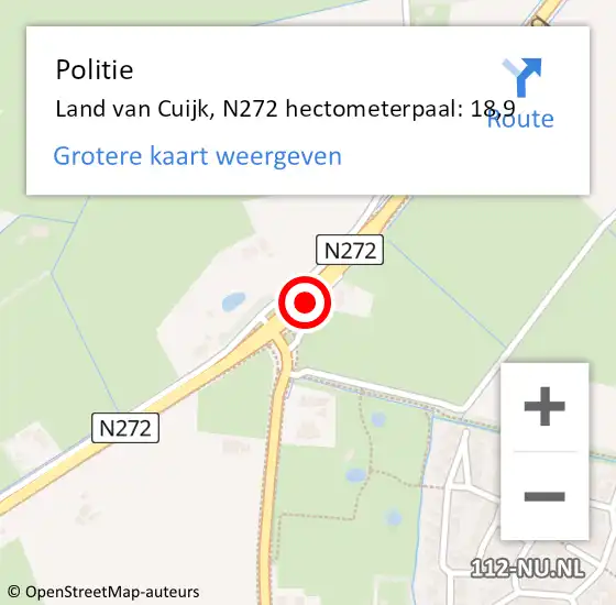 Locatie op kaart van de 112 melding: Politie Land van Cuijk, N272 hectometerpaal: 18,9 op 2 april 2024 16:07
