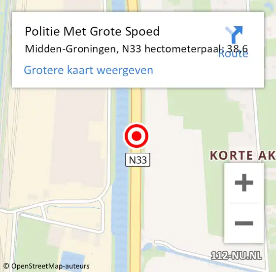 Locatie op kaart van de 112 melding: Politie Met Grote Spoed Naar Midden-Groningen, N33 hectometerpaal: 38,6 op 2 april 2024 17:36