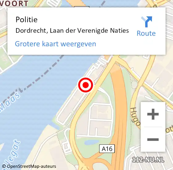 Locatie op kaart van de 112 melding: Politie Dordrecht, Laan der Verenigde Naties op 2 april 2024 17:47