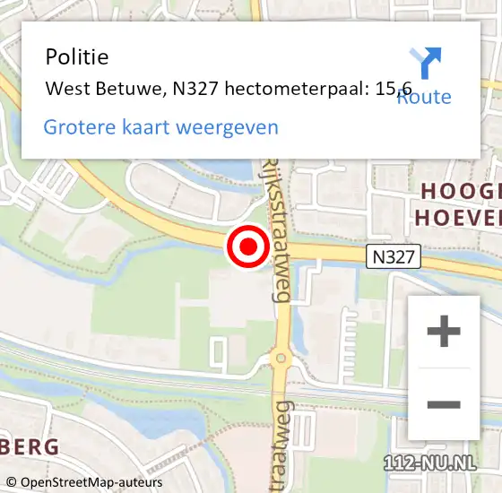 Locatie op kaart van de 112 melding: Politie West Betuwe, N327 hectometerpaal: 15,6 op 2 april 2024 19:01