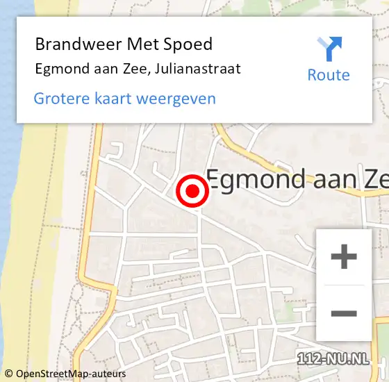 Locatie op kaart van de 112 melding: Brandweer Met Spoed Naar Egmond aan Zee, Julianastraat op 2 april 2024 19:06