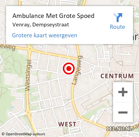Locatie op kaart van de 112 melding: Ambulance Met Grote Spoed Naar Venray, Dempseystraat op 2 april 2024 20:56