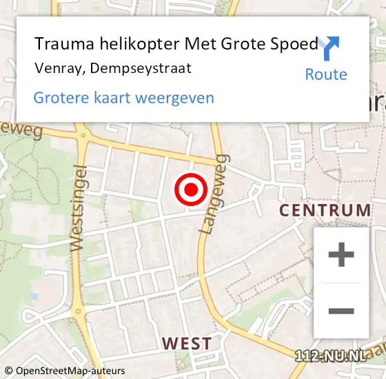 Locatie op kaart van de 112 melding: Trauma helikopter Met Grote Spoed Naar Venray, Dempseystraat op 2 april 2024 20:57