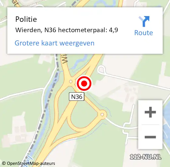 Locatie op kaart van de 112 melding: Politie Wierden, N36 hectometerpaal: 4,9 op 3 april 2024 07:52