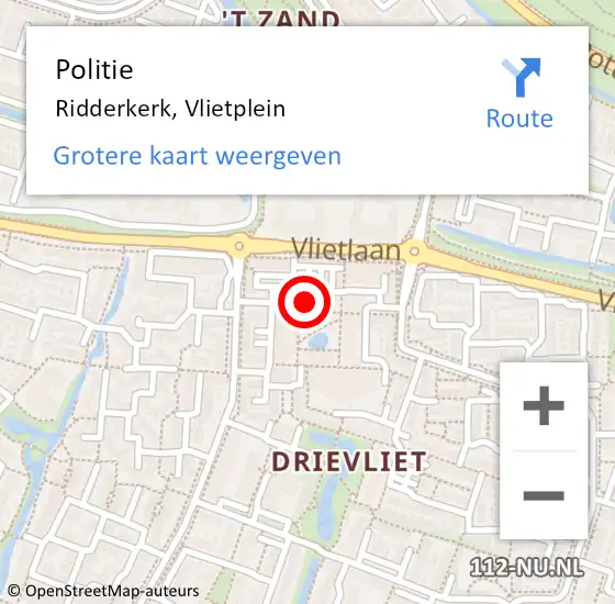 Locatie op kaart van de 112 melding: Politie Ridderkerk, Vlietplein op 3 april 2024 10:00