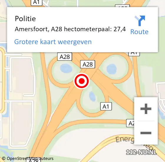 Locatie op kaart van de 112 melding: Politie Amersfoort, A28 hectometerpaal: 27,4 op 3 april 2024 11:51