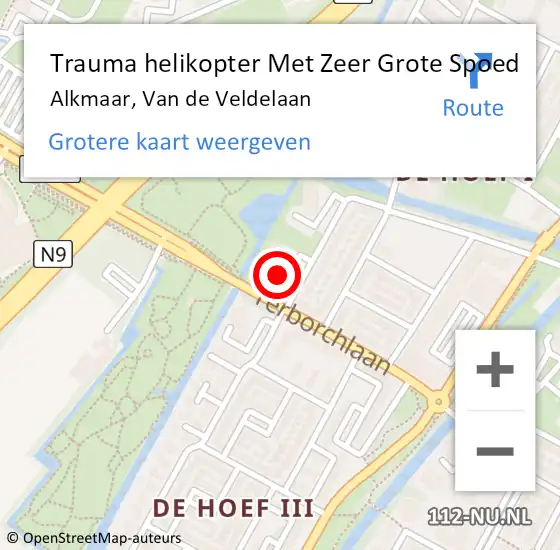 Locatie op kaart van de 112 melding: Trauma helikopter Met Zeer Grote Spoed Naar Alkmaar, Van de Veldelaan op 3 april 2024 12:10