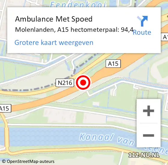 Locatie op kaart van de 112 melding: Ambulance Met Spoed Naar Molenlanden, A15 hectometerpaal: 94,4 op 3 april 2024 17:50