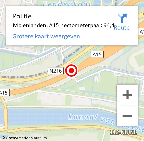 Locatie op kaart van de 112 melding: Politie Molenlanden, A15 hectometerpaal: 94,4 op 3 april 2024 17:52