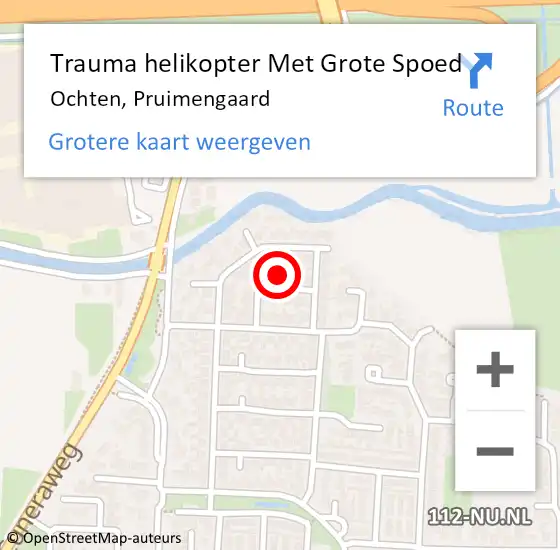 Locatie op kaart van de 112 melding: Trauma helikopter Met Grote Spoed Naar Ochten, Pruimengaard op 3 april 2024 19:15