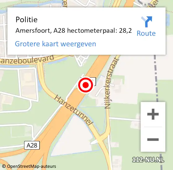 Locatie op kaart van de 112 melding: Politie Amersfoort, A28 hectometerpaal: 28,2 op 4 april 2024 05:13