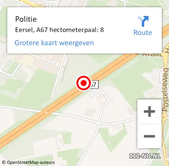 Locatie op kaart van de 112 melding: Politie Eersel, A67 hectometerpaal: 8 op 4 april 2024 06:15