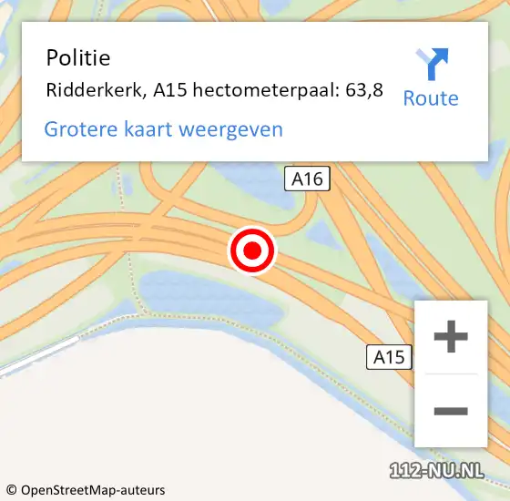 Locatie op kaart van de 112 melding: Politie Ridderkerk, A15 hectometerpaal: 63,8 op 4 april 2024 10:08