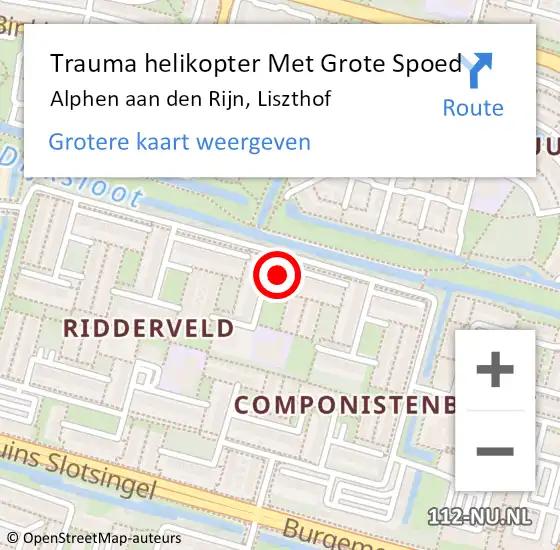 Locatie op kaart van de 112 melding: Trauma helikopter Met Grote Spoed Naar Alphen aan den Rijn, Liszthof op 4 april 2024 11:04