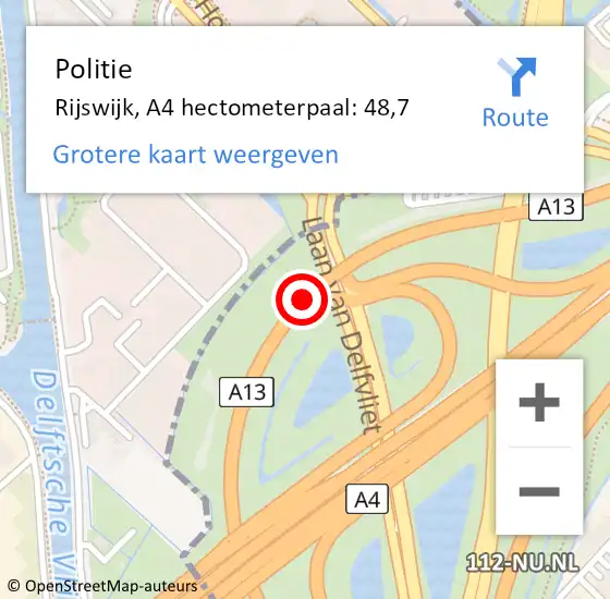 Locatie op kaart van de 112 melding: Politie Rijswijk, A4 hectometerpaal: 48,7 op 4 april 2024 15:32