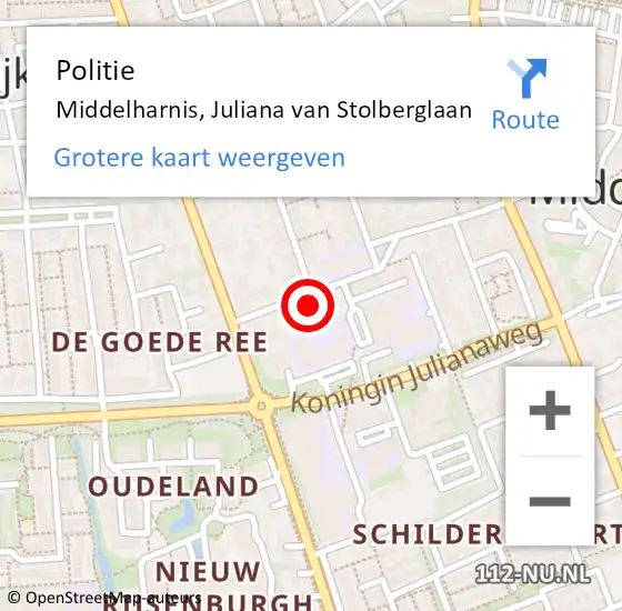 Locatie op kaart van de 112 melding: Politie Middelharnis, Juliana van Stolberglaan op 4 april 2024 15:52