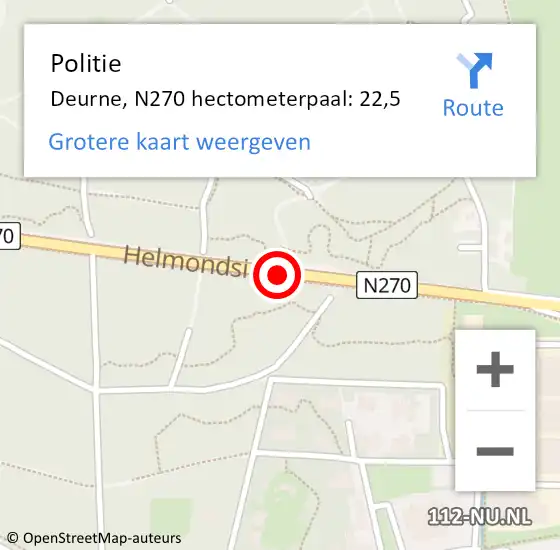 Locatie op kaart van de 112 melding: Politie Deurne, N270 hectometerpaal: 22,5 op 4 april 2024 15:58