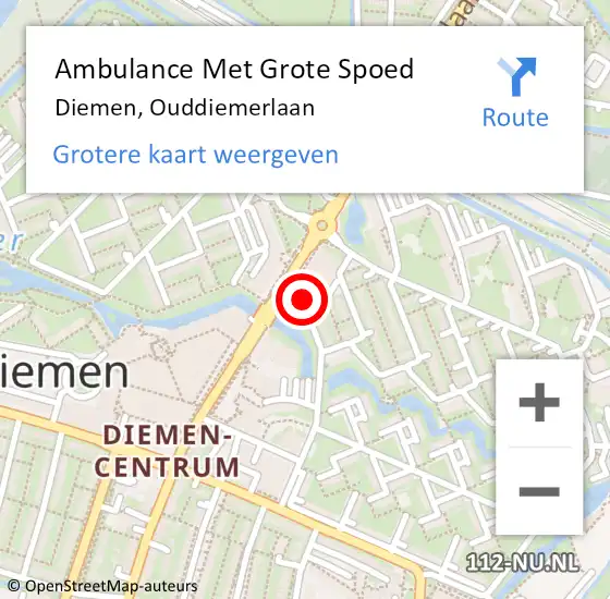 Locatie op kaart van de 112 melding: Ambulance Met Grote Spoed Naar Diemen, Ouddiemerlaan op 4 april 2024 16:08