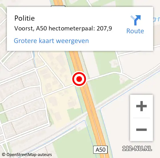 Locatie op kaart van de 112 melding: Politie Voorst, A50 hectometerpaal: 207,9 op 4 april 2024 16:23