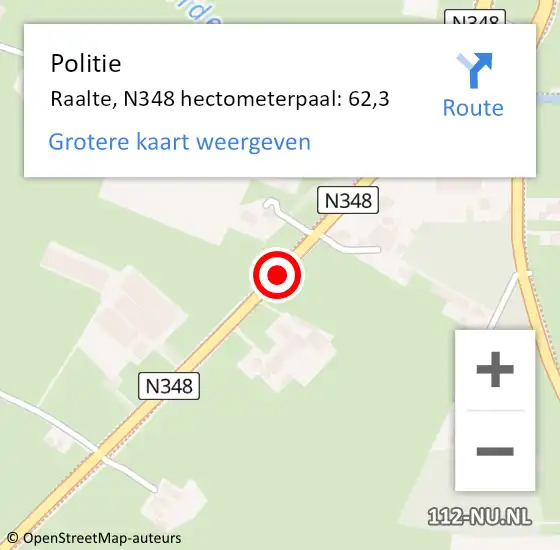 Locatie op kaart van de 112 melding: Politie Raalte, N348 hectometerpaal: 62,3 op 4 april 2024 17:50