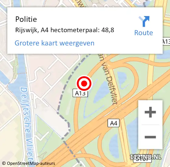 Locatie op kaart van de 112 melding: Politie Rijswijk, A4 hectometerpaal: 48,8 op 4 april 2024 17:57