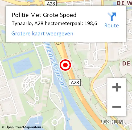 Locatie op kaart van de 112 melding: Politie Met Grote Spoed Naar Tynaarlo, A28 hectometerpaal: 198,6 op 4 april 2024 18:02