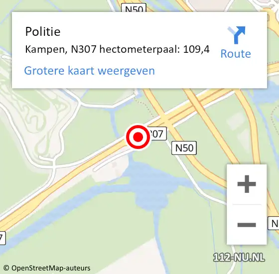Locatie op kaart van de 112 melding: Politie Kampen, N307 hectometerpaal: 109,4 op 4 april 2024 18:36