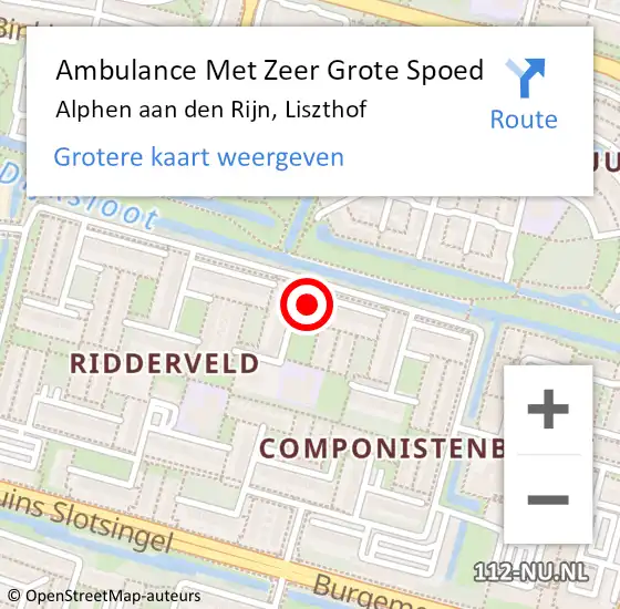 Locatie op kaart van de 112 melding: Ambulance Met Zeer Grote Spoed Naar Alphen aan den Rijn, Liszthof op 4 april 2024 18:56