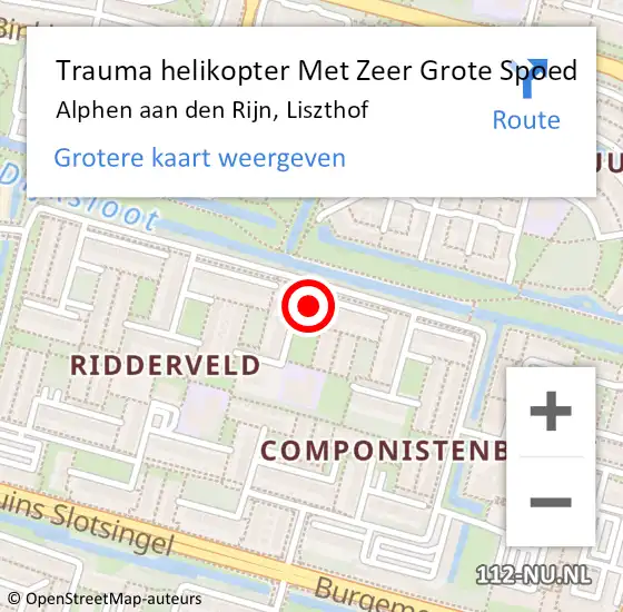 Locatie op kaart van de 112 melding: Trauma helikopter Met Zeer Grote Spoed Naar Alphen aan den Rijn, Liszthof op 4 april 2024 18:59