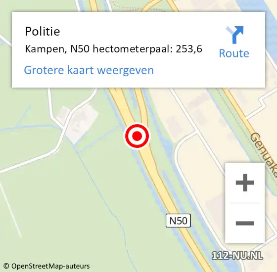 Locatie op kaart van de 112 melding: Politie Kampen, N50 hectometerpaal: 253,6 op 4 april 2024 20:10