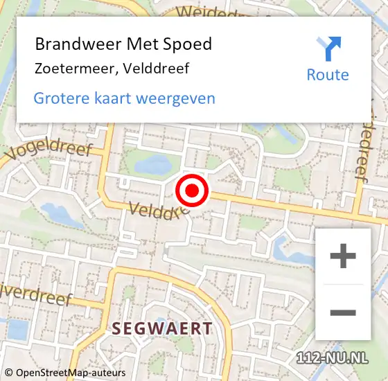 Locatie op kaart van de 112 melding: Brandweer Met Spoed Naar Zoetermeer, Velddreef op 4 april 2024 23:51