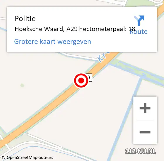 Locatie op kaart van de 112 melding: Politie Hoeksche Waard, A29 hectometerpaal: 18 op 5 april 2024 08:07