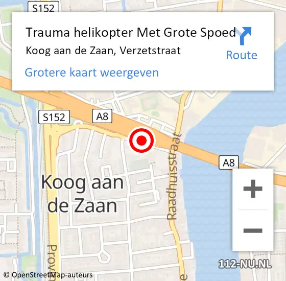 Locatie op kaart van de 112 melding: Trauma helikopter Met Grote Spoed Naar Koog aan de Zaan, Verzetstraat op 5 april 2024 12:45