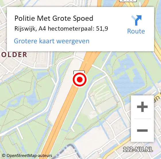 Locatie op kaart van de 112 melding: Politie Met Grote Spoed Naar Rijswijk, A4 hectometerpaal: 51,9 op 5 april 2024 13:48