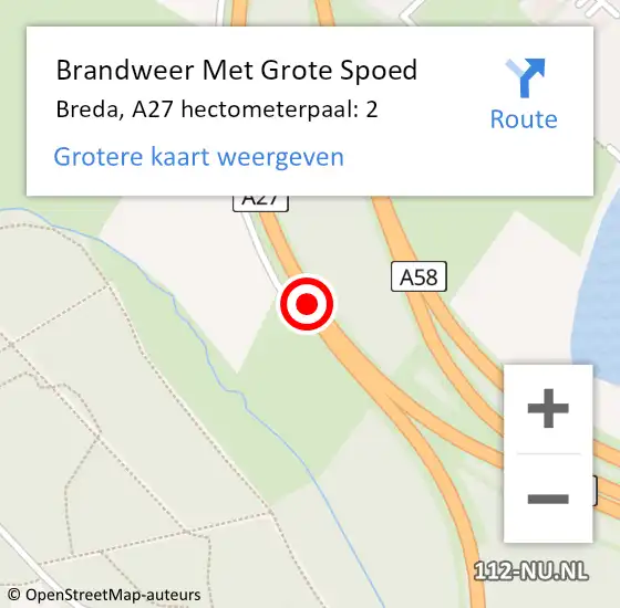 Locatie op kaart van de 112 melding: Brandweer Met Grote Spoed Naar Breda, A27 hectometerpaal: 2 op 5 april 2024 14:55