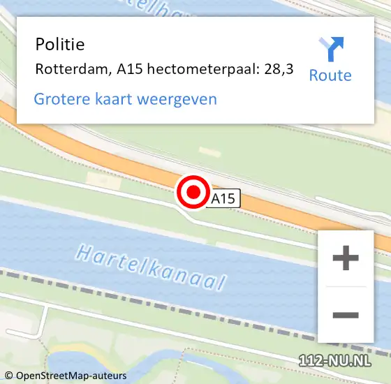 Locatie op kaart van de 112 melding: Politie Rotterdam, A15 hectometerpaal: 28,3 op 5 april 2024 15:39