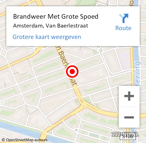 Locatie op kaart van de 112 melding: Brandweer Met Grote Spoed Naar Amsterdam, Van Baerlestraat op 5 april 2024 21:22
