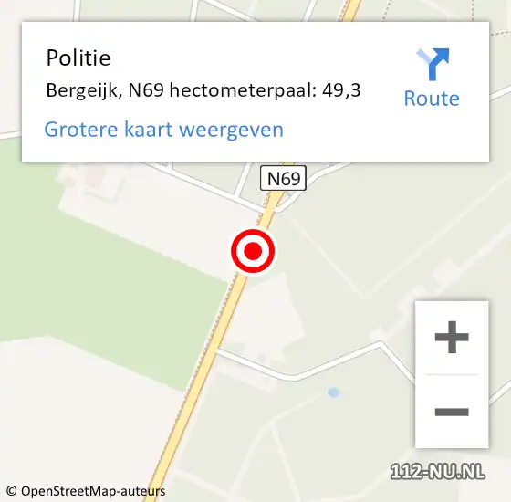 Locatie op kaart van de 112 melding: Politie Bergeijk, N69 hectometerpaal: 49,3 op 6 april 2024 01:05