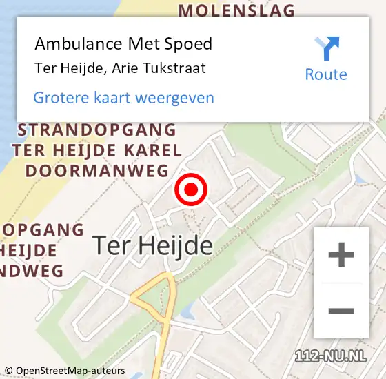 Locatie op kaart van de 112 melding: Ambulance Met Spoed Naar Ter Heijde, Arie Tukstraat op 6 april 2024 05:27