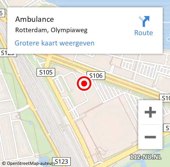 Locatie op kaart van de 112 melding: Ambulance Rotterdam, Olympiaweg op 6 april 2024 09:50