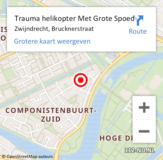 Locatie op kaart van de 112 melding: Trauma helikopter Met Grote Spoed Naar Zwijndrecht, Brucknerstraat op 6 april 2024 10:21
