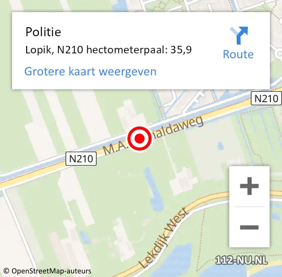 Locatie op kaart van de 112 melding: Politie Lopik, N210 hectometerpaal: 35,9 op 6 april 2024 10:31