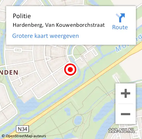 Locatie op kaart van de 112 melding: Politie Hardenberg, Van Kouwenborchstraat op 6 april 2024 15:47