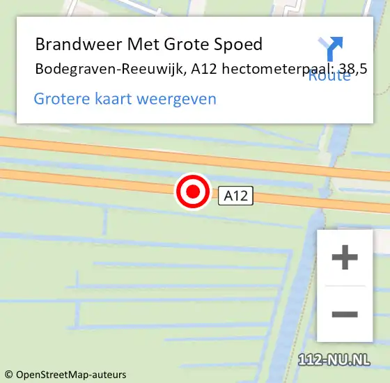Locatie op kaart van de 112 melding: Brandweer Met Grote Spoed Naar Bodegraven-Reeuwijk, A12 hectometerpaal: 38,5 op 6 april 2024 18:56