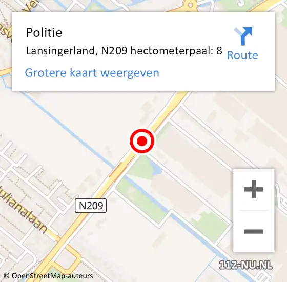 Locatie op kaart van de 112 melding: Politie Lansingerland, N209 hectometerpaal: 8 op 7 april 2024 10:50