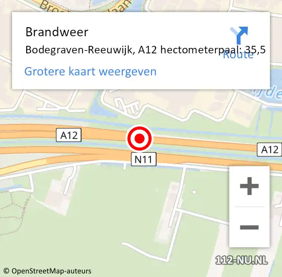 Locatie op kaart van de 112 melding: Brandweer Bodegraven-Reeuwijk, A12 hectometerpaal: 35,5 op 7 april 2024 14:46