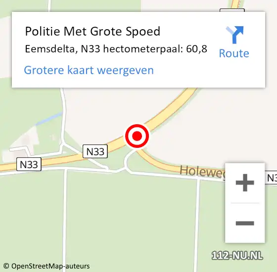 Locatie op kaart van de 112 melding: Politie Met Grote Spoed Naar Eemsdelta, N33 hectometerpaal: 60,8 op 7 april 2024 17:25