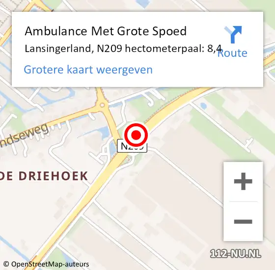 Locatie op kaart van de 112 melding: Ambulance Met Grote Spoed Naar Lansingerland, N209 hectometerpaal: 8,4 op 7 april 2024 18:01