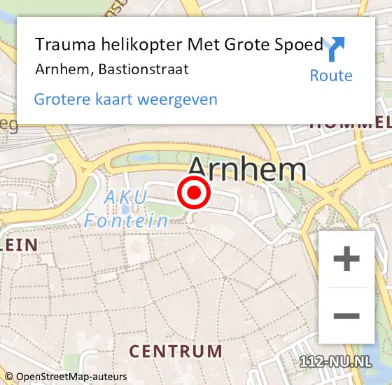 Locatie op kaart van de 112 melding: Trauma helikopter Met Grote Spoed Naar Arnhem, Bastionstraat op 7 april 2024 19:08
