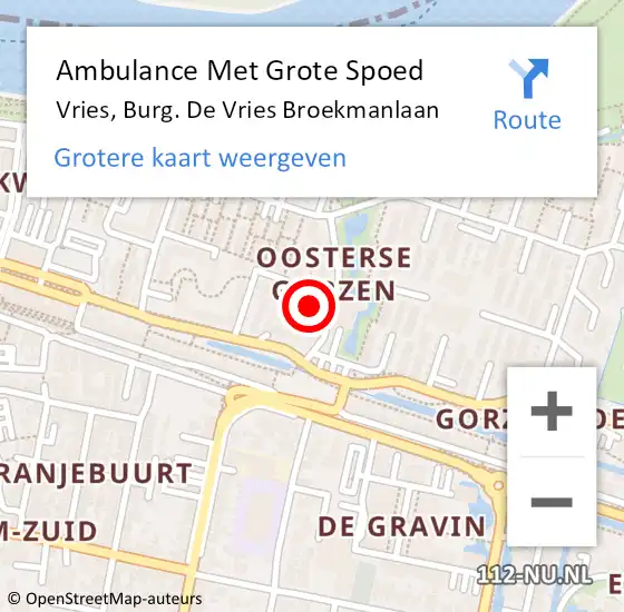 Locatie op kaart van de 112 melding: Ambulance Met Grote Spoed Naar Vries, Burg. De Vries Broekmanlaan op 8 april 2024 00:16